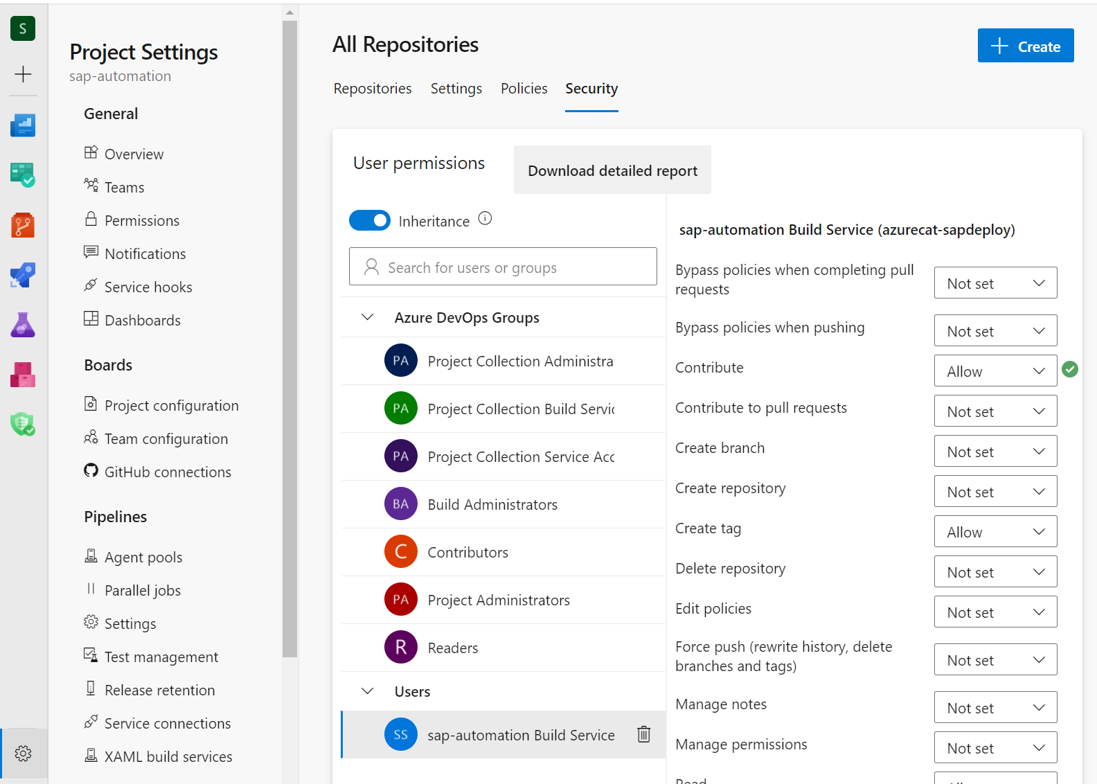 Captura de tela que mostra as permissões do repositório.