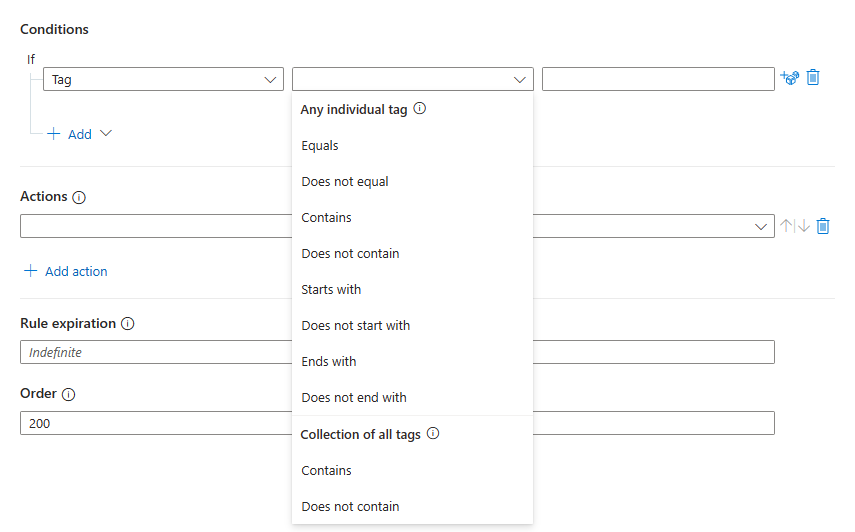 Captura de tela da lista de operadores para a condição de tag em create trigger rule--para espaços de trabalho integrados.