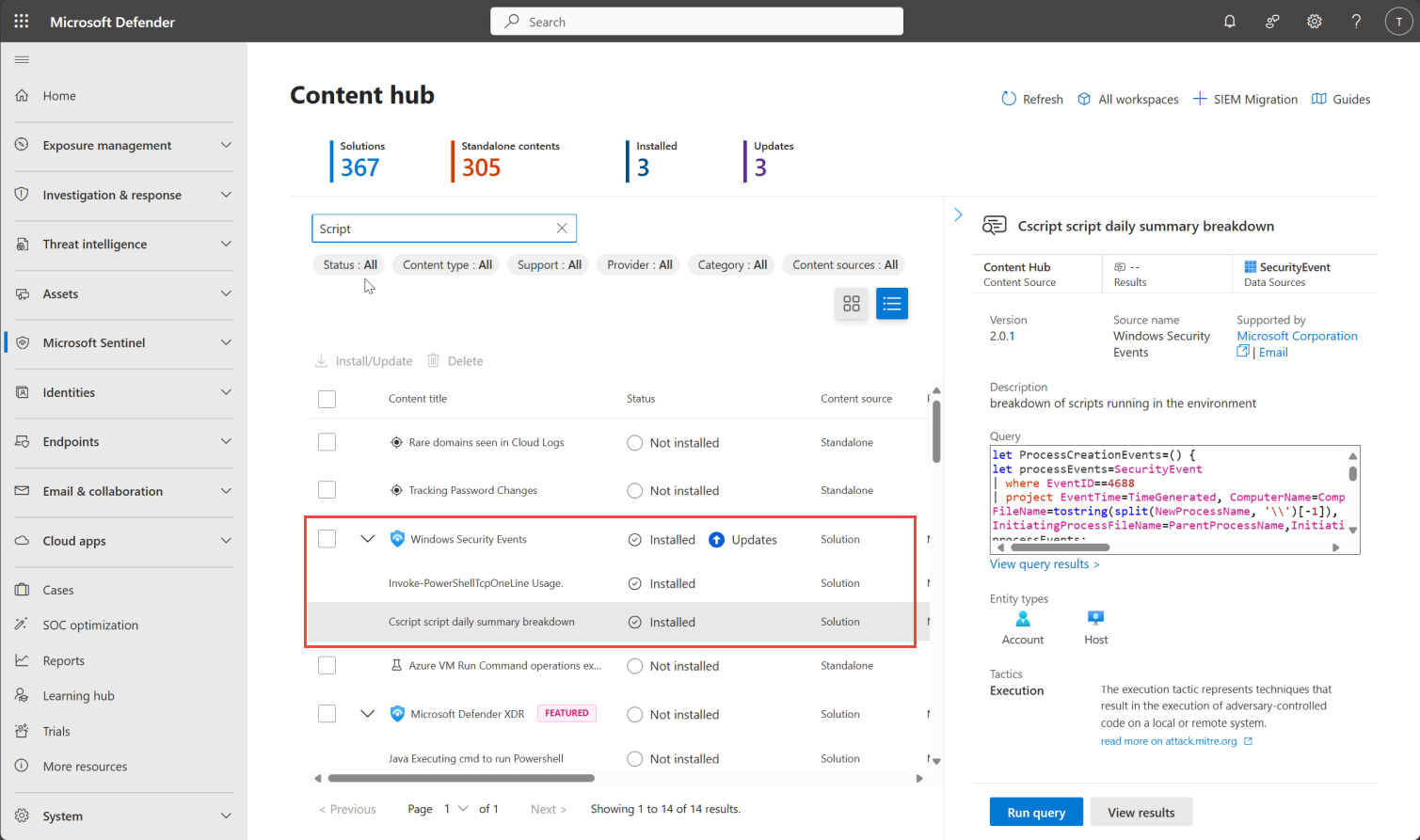 Captura de tela do hub de conteúdo do Microsoft Sentinel no portal do Defender.