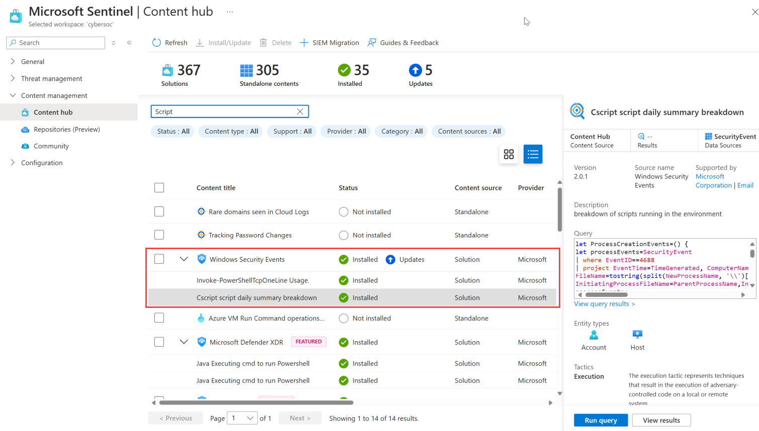 Captura de ecrã do hub de conteúdo do Microsoft Sentinel no portal do Azure.