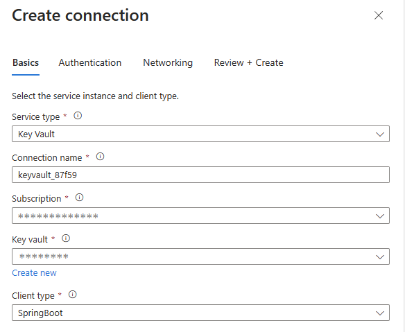 Captura de ecrã do portal do Azure, preencha as informações básicas para criar uma ligação.