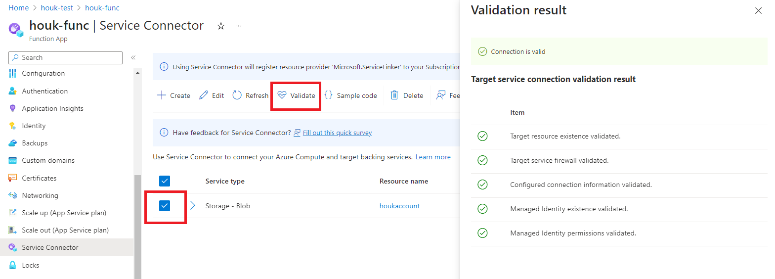 Captura de ecrã do portal do Azure, listando e validando a ligação.