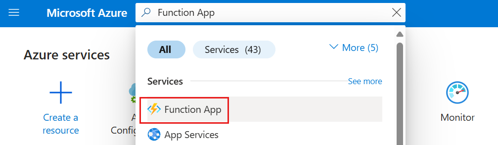 Captura de ecrã do portal do Azure, selecionando Function App.