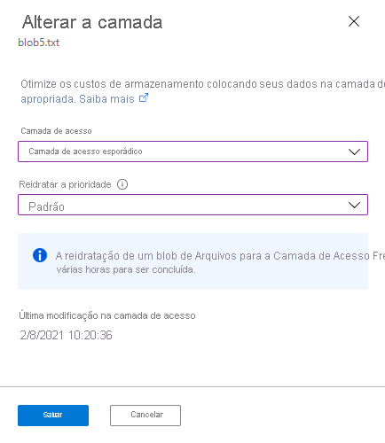 Captura de ecrã a mostrar como reidratar um blob do escalão de arquivo no portal do Azure. 