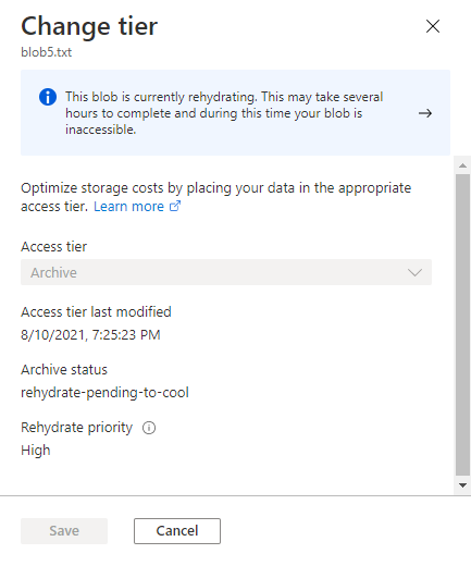Captura de ecrã a mostrar o estado de reidratação de um blob no portal do Azure.