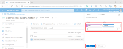 Captura de tela mostrando como atualizar metadados de contêiner no portal do Azure.