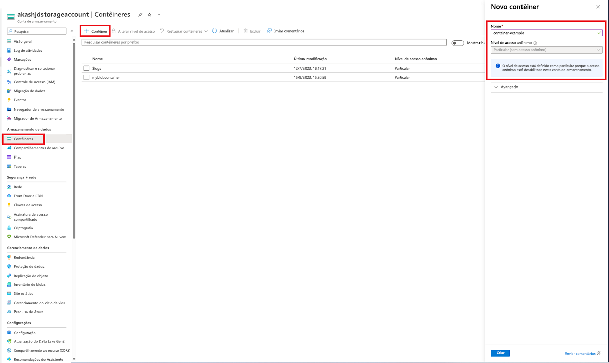 Captura de tela mostrando como criar um contêiner no portal do Azure.