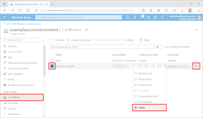 Captura de ecrã a mostrar como eliminar um contentor no portal do Azure.