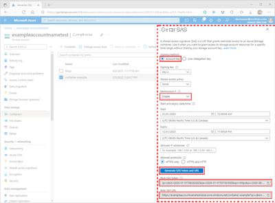 Captura de tela mostrando como gerar uma SAS para um contêiner no portal do Azure.