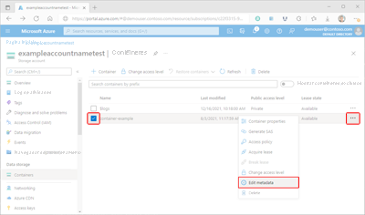 Captura de tela mostrando como acessar metadados de contêiner no portal do Azure.