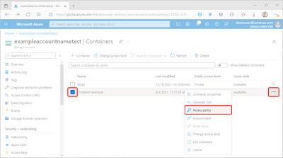 Captura de ecrã a mostrar como aceder às definições de política de acesso armazenadas em contentor no portal do Azure.