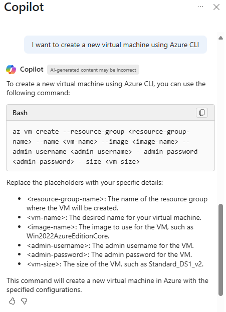 <Captura de tela do Copilot no Azure fornecendo um script da CLI do Azure para criar uma máquina virtual.>