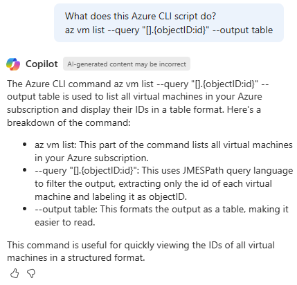 <Captura de tela do Copilot no Azure explicando um script da CLI do Azure.>