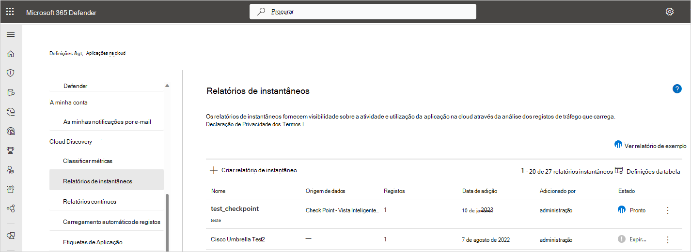Captura de ecrã a mostrar a página Relatórios de instantâneos.