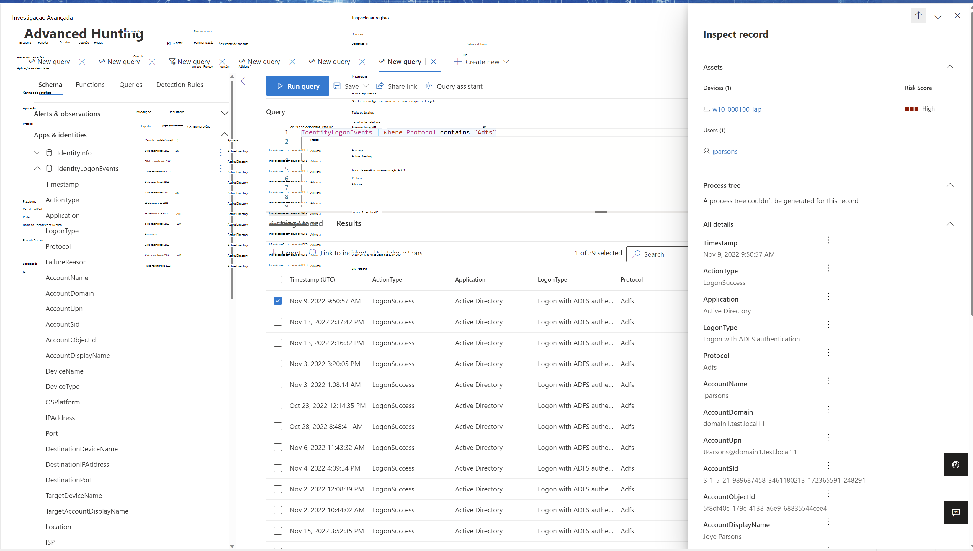 Captura de ecrã dos resultados de uma consulta avançada de investigação de início de sessão dos Serviços de Certificados do Active Directory.