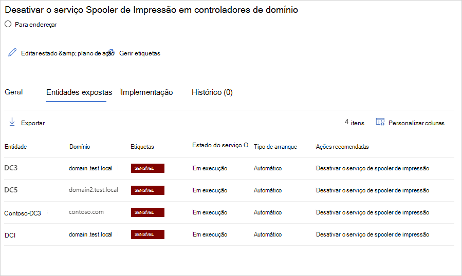 Captura de ecrã que mostra uma lista de entidades expostas que estão a executar um serviço de spooler de impressão.