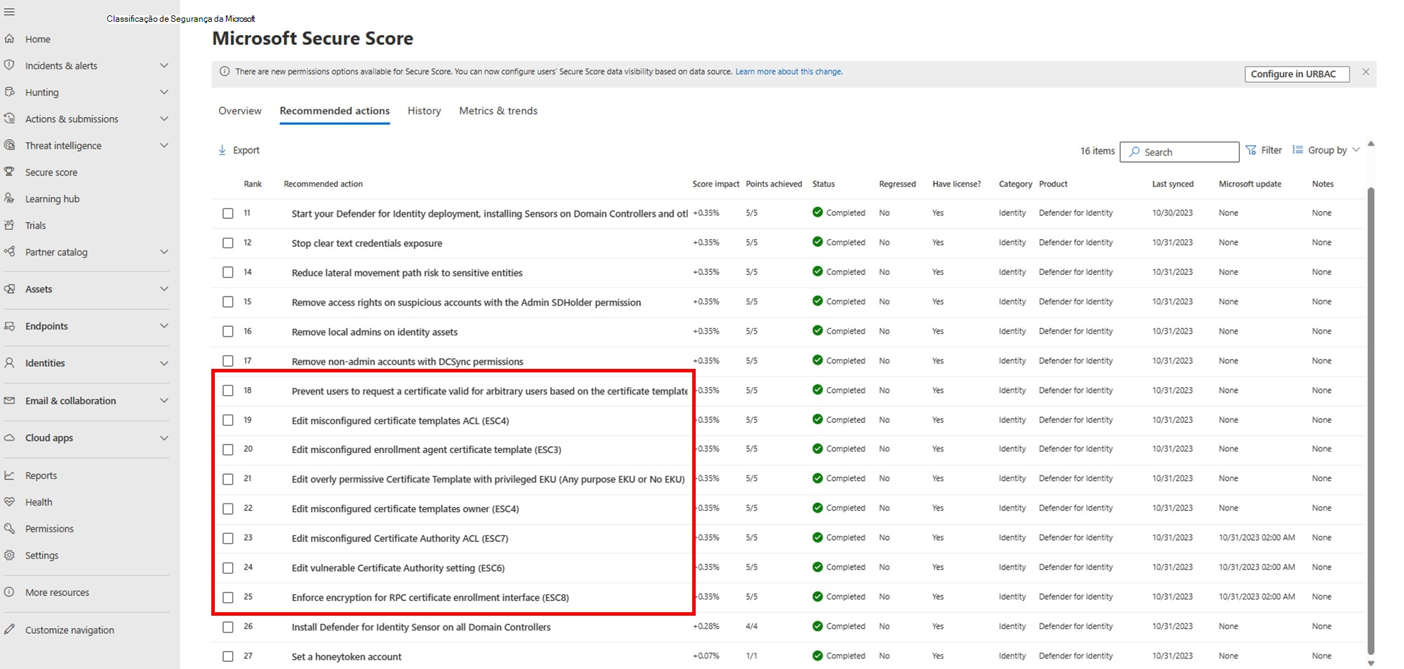 Captura de ecrã a mostrar as novas avaliações da postura de segurança do AD CS.