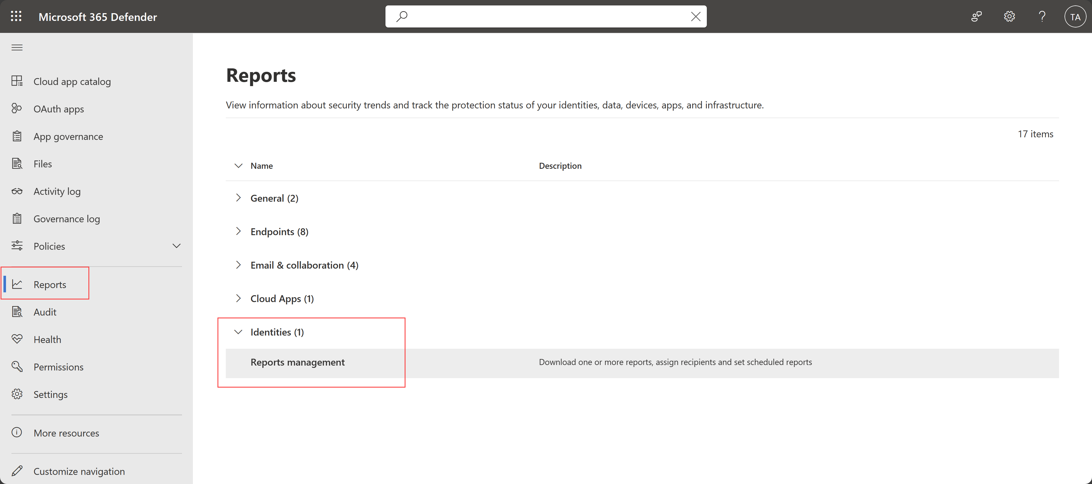 Captura de ecrã a mostrar o acesso ao relatório do Defender para Identidade a partir da área principal Relatórios.