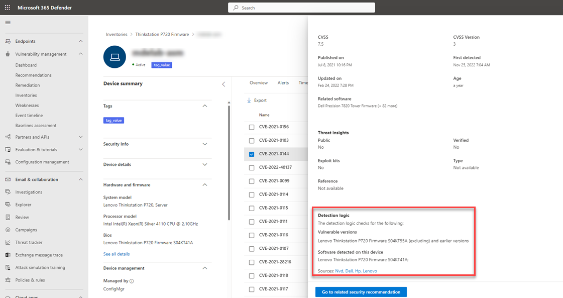 Captura de ecrã da página bios-vulnerability-details por dispositivo