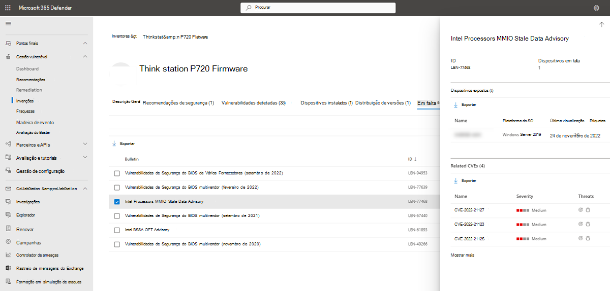 Captura de ecrã dos detalhes das atualizações de segurança em falta