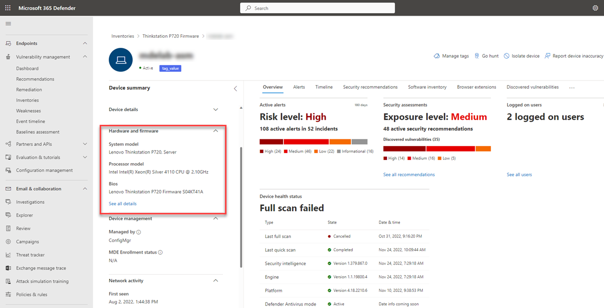 Captura de ecrã do hardware e firmware na página do dispositivo