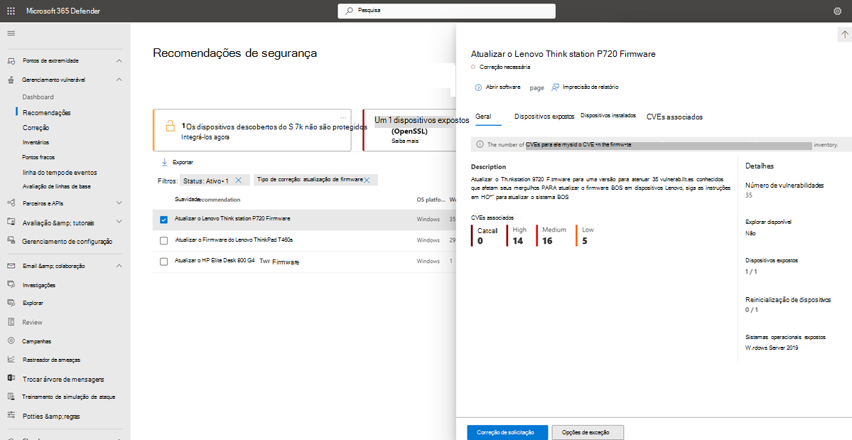 Captura de ecrã da página de recomendações de firmware