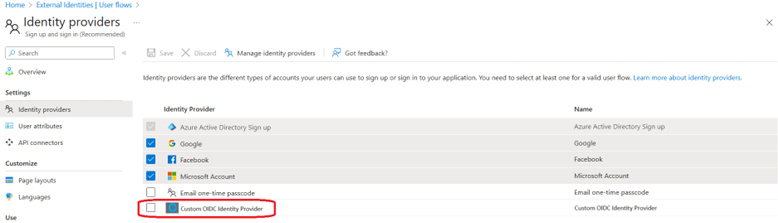 Captura de ecrã do provedor OIDC personalizado na lista IdP.