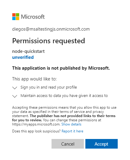 Ecrã de consentimento do Microsoft Entra a exibir