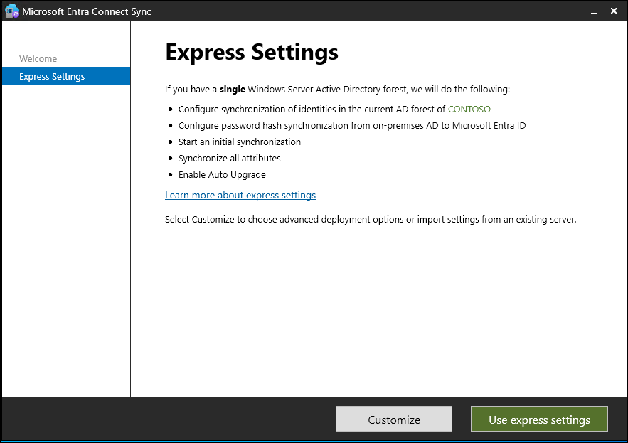 Captura de tela que mostra a página Configurações Expressas no Microsoft Entra Connect Sync.