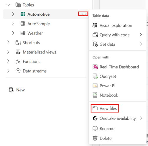 Captura de ecrã do painel Explorador onde se vê o menu suspenso Mais de uma tabela.
