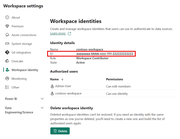 Captura de ecrã da definição da área de trabalho, com o ID da área de trabalho realçado.