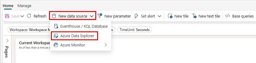 Captura de ecrã do menu da origem de dados a mostrar uma lista de origens de dados opcionais com o explorador de dados do Azure realçado.