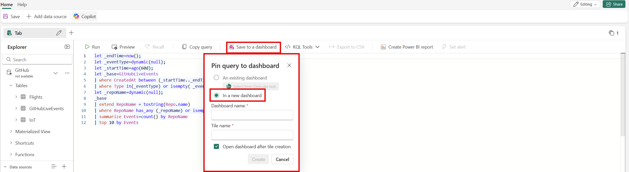 Captura de ecrã da janela Guardar consulta no dashboard.