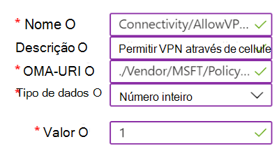 Captura de ecrã que mostra um exemplo de uma política personalizada que contém definições de VPN no Microsoft Intune.