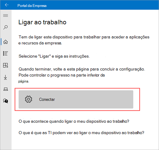 Imagem de exemplo da Portal da Empresa > ecrã Ligar ao trabalho a realçar o botão Ligar.