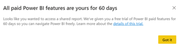 Captura de ecrã a mostrar a caixa de diálogo para uma avaliação gratuita do Power BI Pro.
