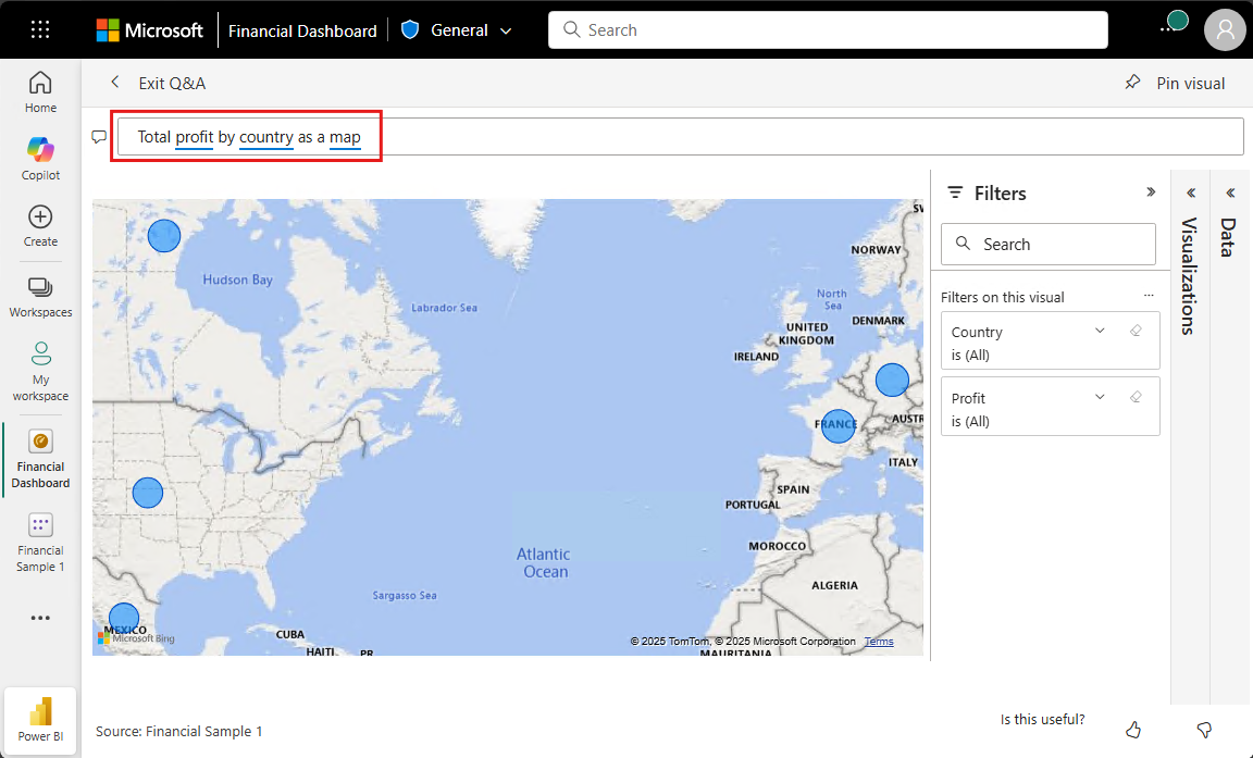 Captura de tela da visualização do mapa de Perguntas e Respostas dos dados da Amostra Financeira para o lucro total por país e região.