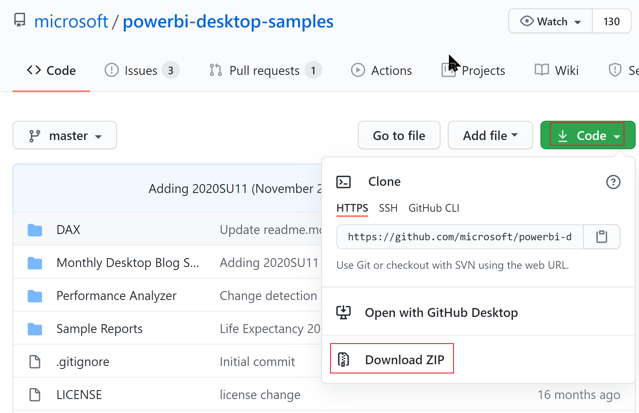 Uma captura de tela mostrando a opção de download ZIP no GitHub de exemplos da área de trabalho do Power BI.