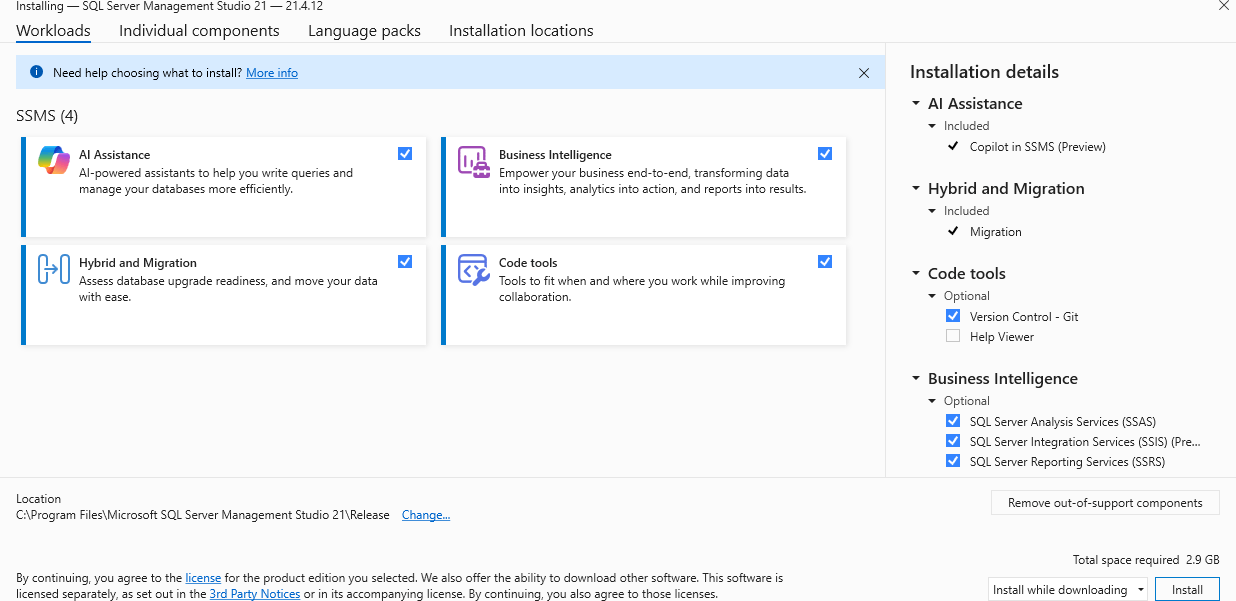 Captura de tela da janela do Visual Studio Installer, mostrando a seleção da carga de trabalho.