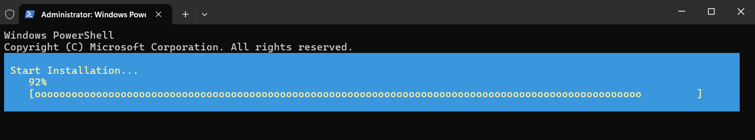 Captura de tela da janela do PowerShell mostrando o progresso para instalar o Hyper-V no Windows Server.