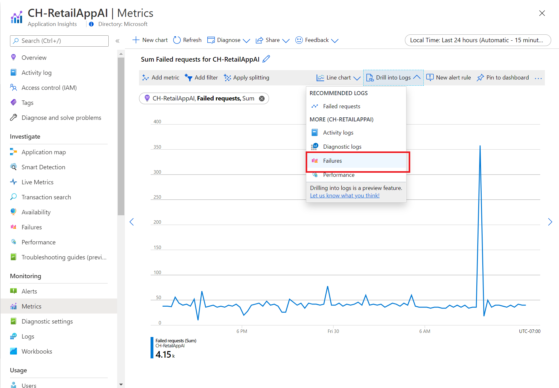 Captura de tela que mostra o menu suspenso para analisar detalhadamente os logs.